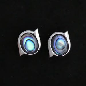 May include: A pair of silver-toned stud earrings. Each earring features an oval-shaped abalone shell inlay with iridescent blue, green, and purple hues, set within a stylized, open-sided frame. The earrings are displayed against a black background.