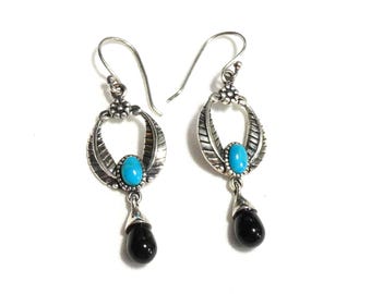 VINTAGE sterlingzilver 925 turkoois cabochon en zwarte onyx druppeloorbellen met bloemen