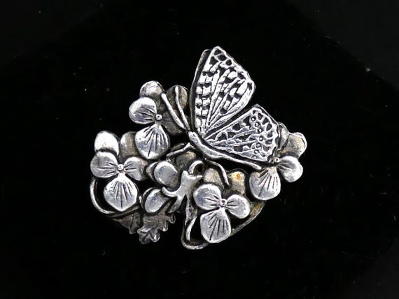 BROOCH MAS J 1988 Butterfly & Flowers Silver Plated Pewter  display picture 2