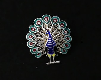 Vintage Siam Sterling Silver Peacock Brooch | Blue Enamel Bird Pin