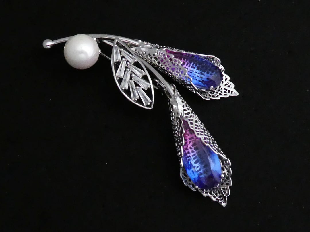 Broche Vintage Ronde Argentée Avec Cristaux, Rose, Perle Bleu Turquoise - Modèle 4482
