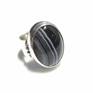 VINTAGE Stämplad SJB Sterlingsilver Stor Oval Bandad Agat Cabochon RING - J