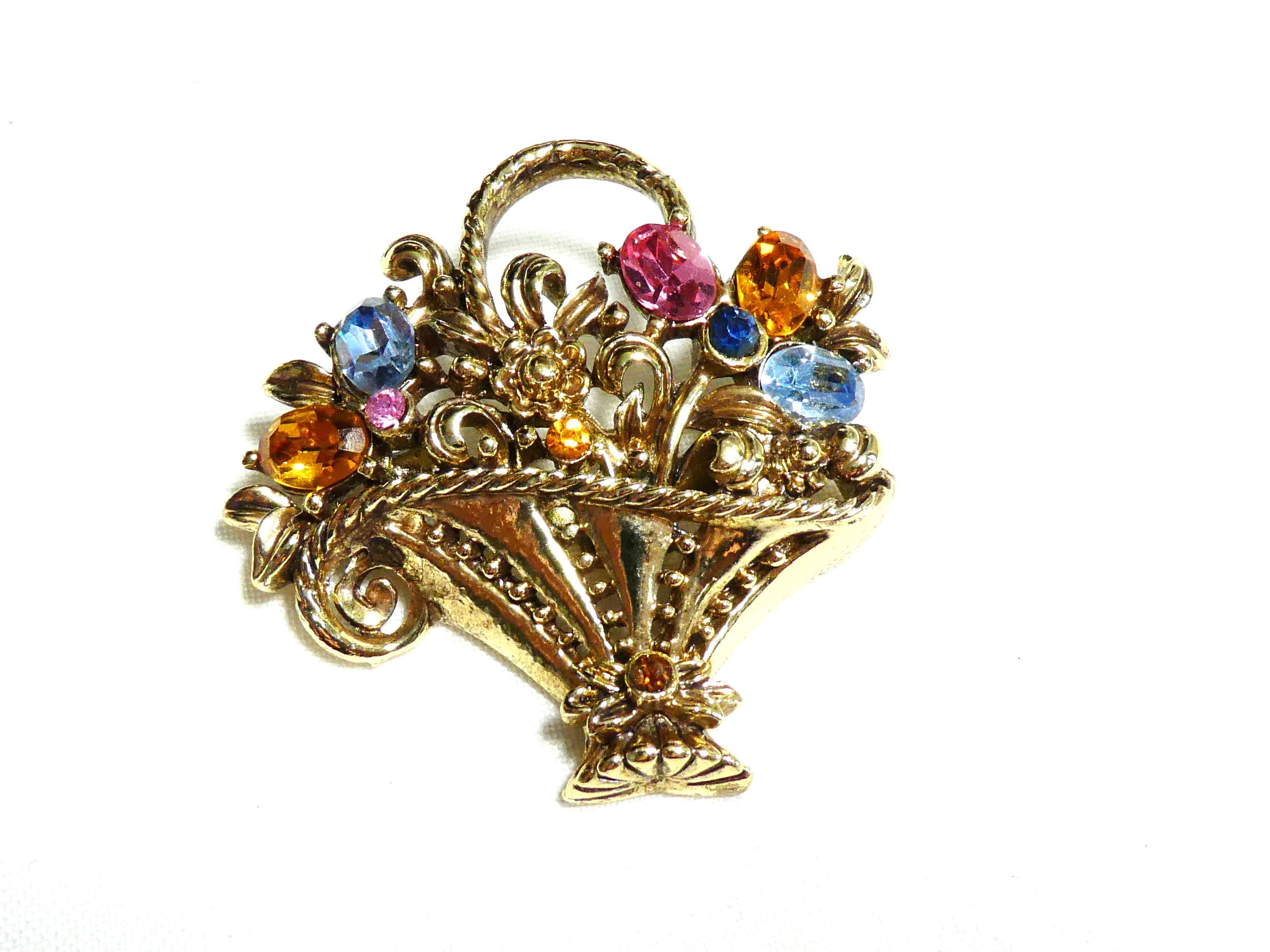 Broche Vintage Panier Aux Oiseaux Et Fleurs - Laiton Et Strass Multicolores - Occasion