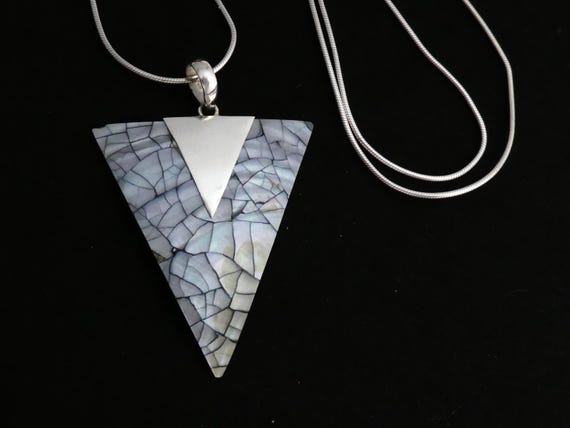 PENDANT Necklace Triangular Silver 925 Blue Shell… - image 2