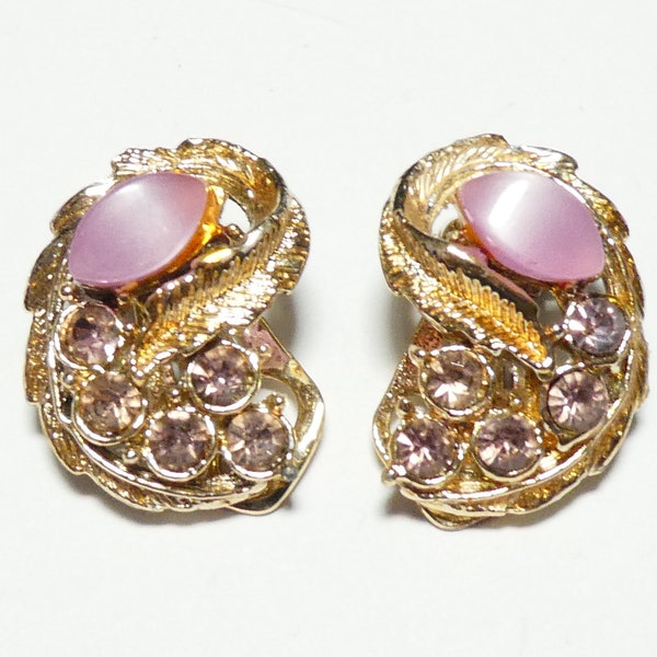 VINTAGE 1960's Pale Goldtone Lilac Rhinestone & Pink Moonglow Thermoset Abstract Floral Earrings - Clip ons