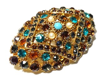 Brooch Vintage Goldtone Navette Shaped Domed Multi Colour Rhinestone Studded Ornate