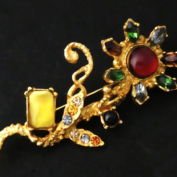 VINTAGE Christian Lacroix Gold Plated Multi-Coloured Rhinestone & Glass Cabochon Floral Flower BROOCH