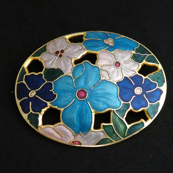 VINTAGE Signed Sea Gems UK Large Oval Goldtone Teal Blue Pink Champleve Enamel Floral BROOCH