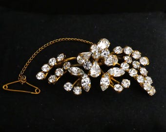 Brooch Vintage Goldtone Navette Round Clear Rhinestone Floral