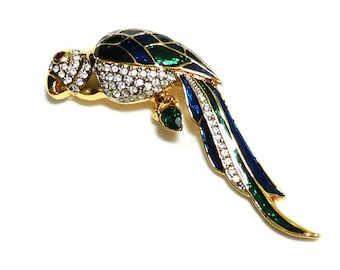 Broche Vintage Perroquet En Or - Émail, Cristaux Et Cabochon Vert - Modèle 566