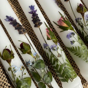 Pressed Flower Taper Candles with Rosebuds & Lavender, Set of 2 Tapers, Hand-Pressed Flowers, Wedding Taper Set, 12 inch, Dinner Candles