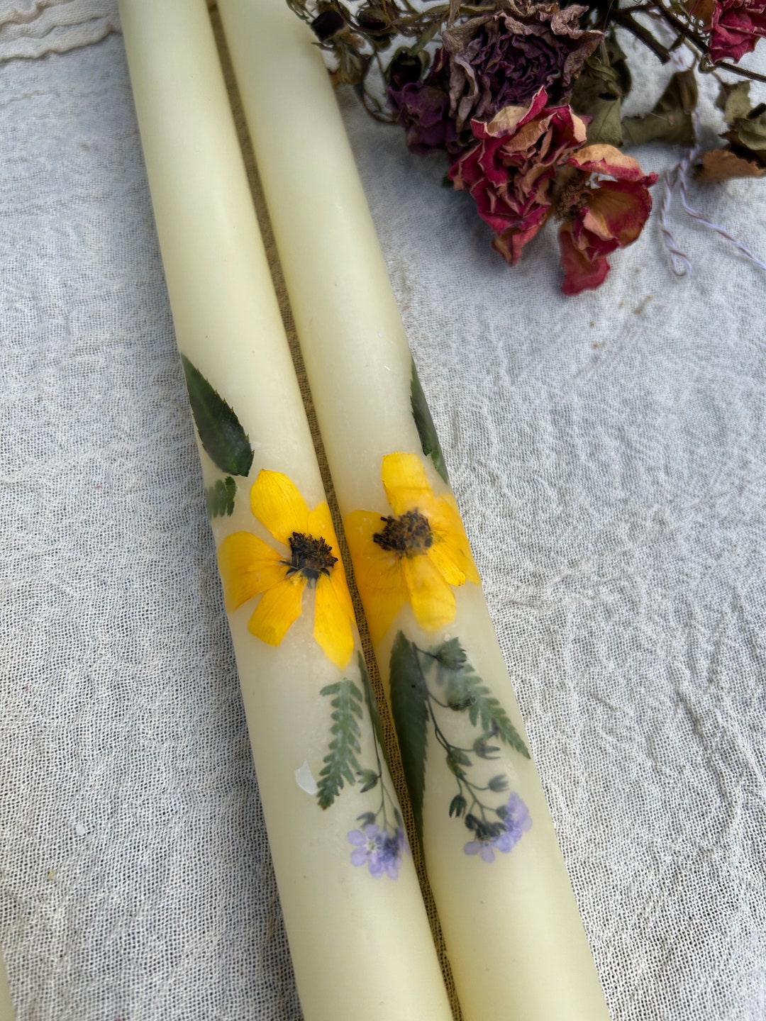 Yellow Pressed Flowers - Beeswax Tapers - 12 Inch Candle Sticks - Etsy