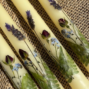 Rosebuds and Lavender - Beeswax Tapers with Pressed Flowers - Set of Pressed Flower Tapers - Wedding Candles - Floral Candlesticks