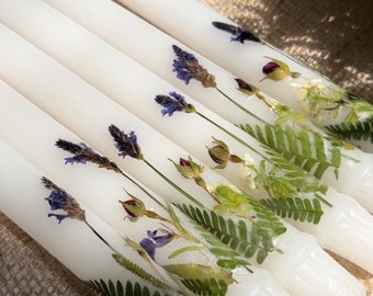 Rosebuds & Lavender - Pressed Flower White Tapers