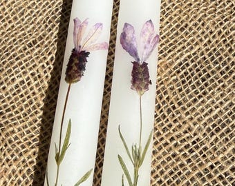 Pressed Flower Taper Candles: Lavender Tapers, 12 inch, (One Pair)