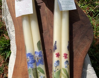 Pressed Flower Pure Beeswax Tapers - 12 inch Candlesticks with Royal Blue Botanicals