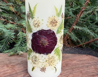 Red Rose Pressed Flower Pillar Candle - 6 in x 3 in