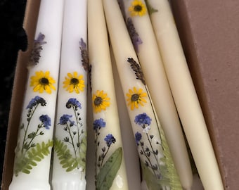 Pressed Flower Taper Candles, Little Daisies Botanical Candle Set, 12 inch