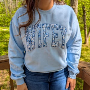 Light Blue Wifey Fabric Applique Embroidered Crewneck, Bride Wedding newlywed Gift Sweatshirt, Engagement, Future Mrs Married Gift,