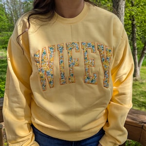 Golden Yellow Wifey Fabric Applique Embroidered Crewneck, Bride Wedding newlywed Gift Sweatshirt, Engagement, Future Mrs Married Gift,