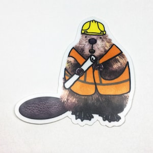 May include: A sticker featuring a cartoon beaver wearing a yellow hard hat and an orange safety vest. The beaver is holding a rolled-up blueprint. The sticker has a white border and a light background.