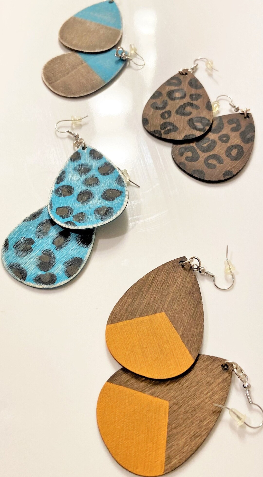 Dangle Teardrop Wooden Earrings Leopard Wooden Earrings Etsy