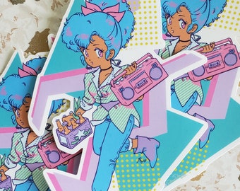 Late to the Party 80s style Anime Girl Boombox Retro Pastel Vinyl Sticker
