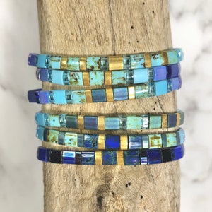 Shades of Blue, Colorful, Sparkly, Stretchy Miyuki Tila Glass Tile Beaded Layering Bracelets
