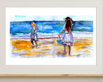 Sisters at Beach Wedding Art Print, Watercolor Beach Art, Sisters Wall Art, Coastal Wall Art,  Beach Wedding Print