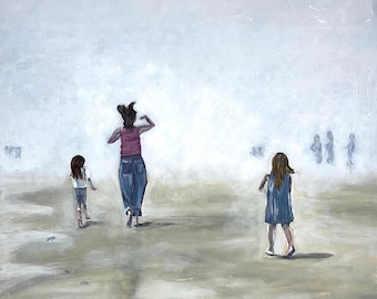 Tranquil Fog Original Painting of Children Playing on the Beach,  Sisters Art, Fog Oil Painting,  Florida Beaches, Beach Fog, Coastal Decor