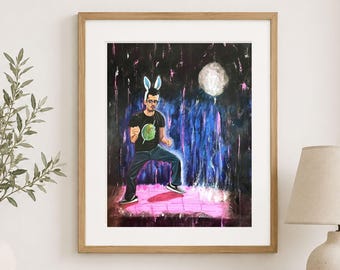 May include: A framed painting depicting a person wearing bunny ears and a black t-shirt with a green graphic, dancing on a pink grid floor. The background features a dark, textured atmosphere with blue vertical streaks and a large, glowing white moon.