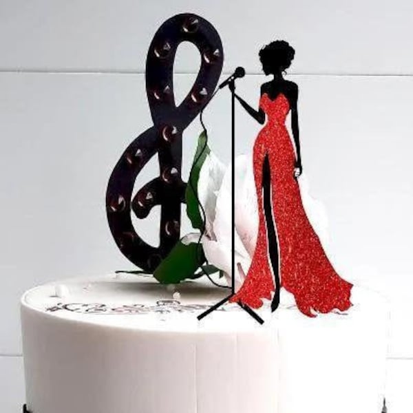 Singer girl topper with microphone Topper girl with treble clef Topper for a female singer Girl in dress on cake Treble clef TopperMania