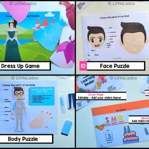 May include: A set of printable learning activities for kids, including a dress-up game, face puzzle, body puzzle, and a cover page for a learning binder. The activities feature colorful illustrations and simple instructions.