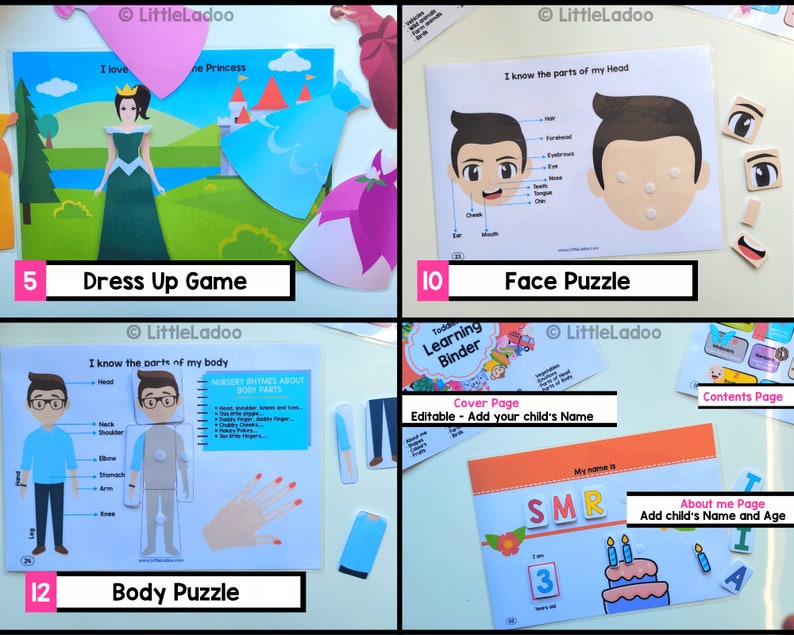 May include: A set of printable learning activities for kids, including a dress-up game, face puzzle, body puzzle, and a cover page for a learning binder. The activities feature colorful illustrations and simple instructions.