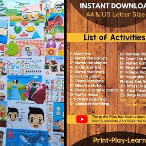 May include: A colorful printable activity book for kids with a list of 22 activities, including matching colors, shapes, and numbers, counting insects, and playing a dress-up game. The book is available for instant download in A4 and US Letter size. The text "Print-Play-Learn" is at the bottom of the image.