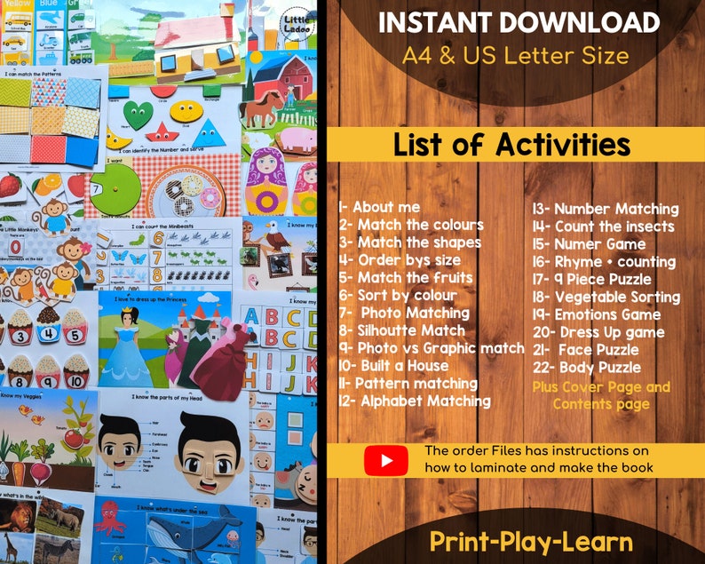 May include: A colorful printable activity book for kids with a list of 22 activities, including matching colors, shapes, and numbers, counting insects, and playing a dress-up game. The book is available for instant download in A4 and US Letter size. The text "Print-Play-Learn" is at the bottom of the image.