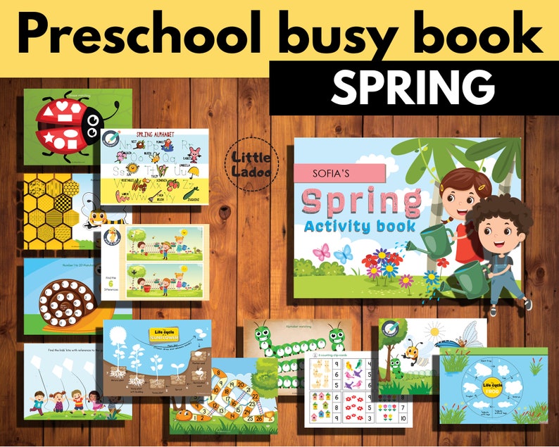 May include: A colorful preschool busy book with the title "Sofia's Spring Activity Book". The book features a variety of activities for children, including tracing letters, counting, and matching.