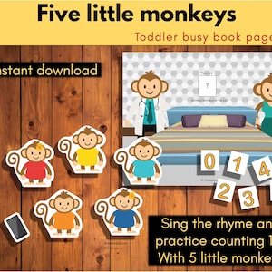 Five little monkey nursery rhyme activity,  busy book page printable, Toddler interactive activity page, learning binder