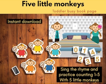 Five little monkey nursery rhyme activity,  busy book page printable, Toddler interactive activity page, learning binder