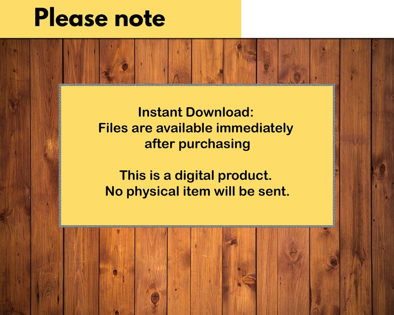 Pu&ograve; includere: Un appunto giallo su uno sfondo di legno con il testo "Nota bene" in nero. L'appunto dice "Download immediato: I file sono disponibili immediatamente dopo l'acquisto. Questo &egrave; un prodotto digitale. Nessun articolo fisico verr&agrave; inviato."
