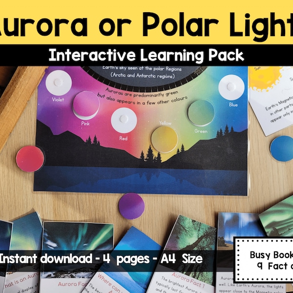 Aurora druckbares Lernpaket - Erfahren Sie mehr über Polarlichter mit Factcards und Interactove Busy book Seite