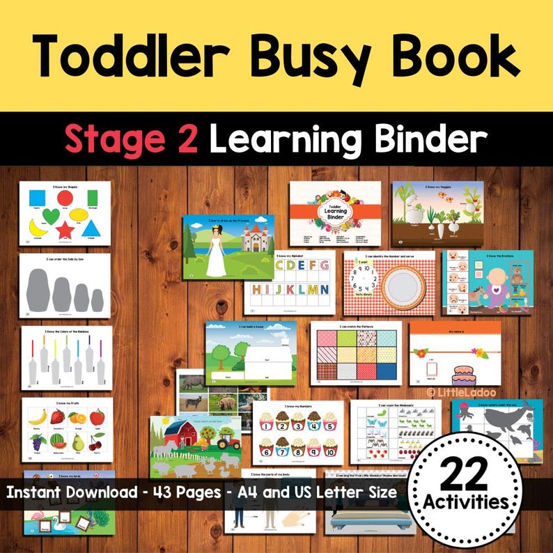 May include: A colorful printable toddler busy book with 22 activities. The book includes pages with shapes, letters, numbers, and other learning activities. The book is designed for children ages 2-4. The book is available for instant download and includes 43 pages. The book is printed on A4 and US letter size paper.