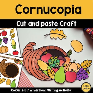 May include: A colorful cornucopia cut-and-paste craft kit. The image features a brown cornucopia overflowing with various fruits and vegetables, including apples, grapes, and corn. The text "Cornucopia" and "Cut and paste Craft" are displayed at the top.