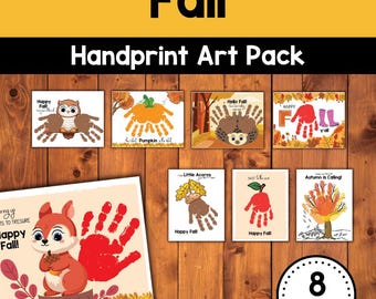 May include: Printable handprint art pack with 8 fall-themed designs.  The designs include a pumpkin, an owl, a hedgehog, a handprint with the words "Happy Fall y'all", a squirrel, an acorn, an apple, and a tree.  The designs are perfect for capturing a child's handprints.