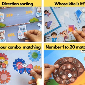 May include: A set of educational activity cards for children featuring colorful illustrations and activities like direction sorting, color matching, and number matching. The cards are designed to help children learn and develop their skills.