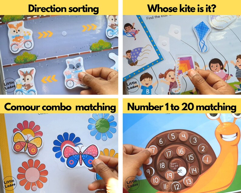 May include: A set of educational activity cards for children featuring colorful illustrations and activities like direction sorting, color matching, and number matching. The cards are designed to help children learn and develop their skills.