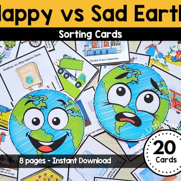 Happy Earth vs Sad Earth Sorting cards, Earth day Printable, Earth day activities