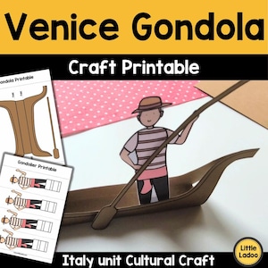 Può includere: Una stampa artigianale con una gondola e un gondoliere. L'immagine include una gondola marrone con un gondoliere dei cartoni animati con una camicia a righe e un cappello. Il testo recita "Venice Gondola" e "Craft Printable". Include anche "Italy unit Cultural Craft".