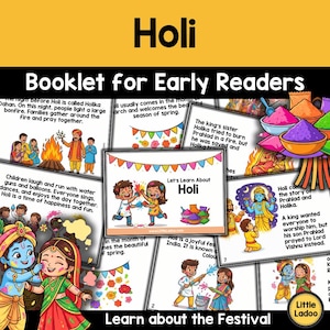 May include: A colorful booklet titled "Holi Booklet for Early Readers" with illustrations of the Holi festival. The cover features the word "Holi" in large letters. Inside, there are images of children playing with colored powder and other scenes.