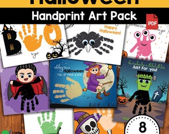 May include: Printable Halloween handprint art pack with 8 designs featuring a variety of Halloween characters, including a spider, a ghost, a witch, a Frankenstein, and a skeleton. The designs are perfect for capturing a child's handprints and creating unique keepsakes.